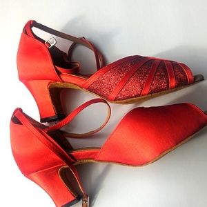 Red Satin Sparkle Flamingo Brand Dance Shoes